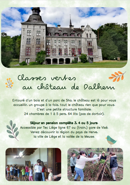 Le nouveau flyer présentant les classes vertes au Château de Dalhem